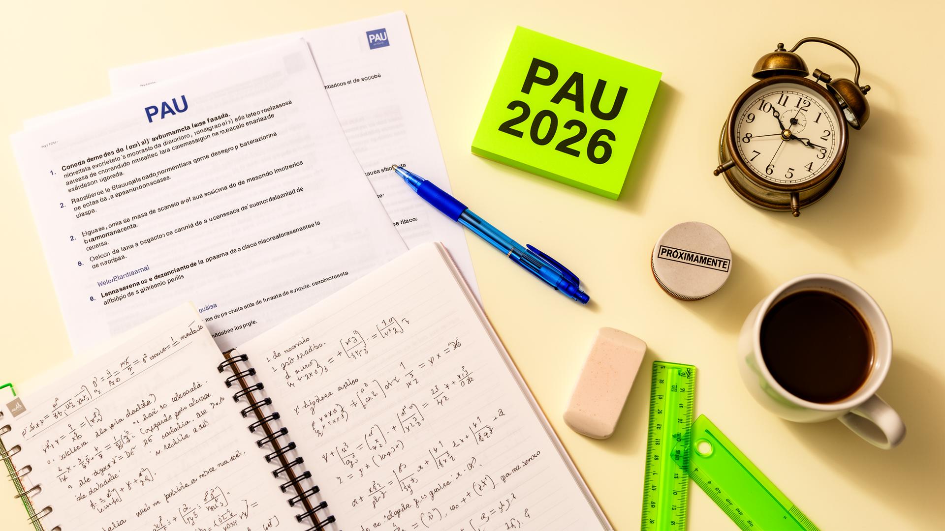 Escritorio de estudiante con apuntes, post-it PAU 2026, reloj y sello próximamente